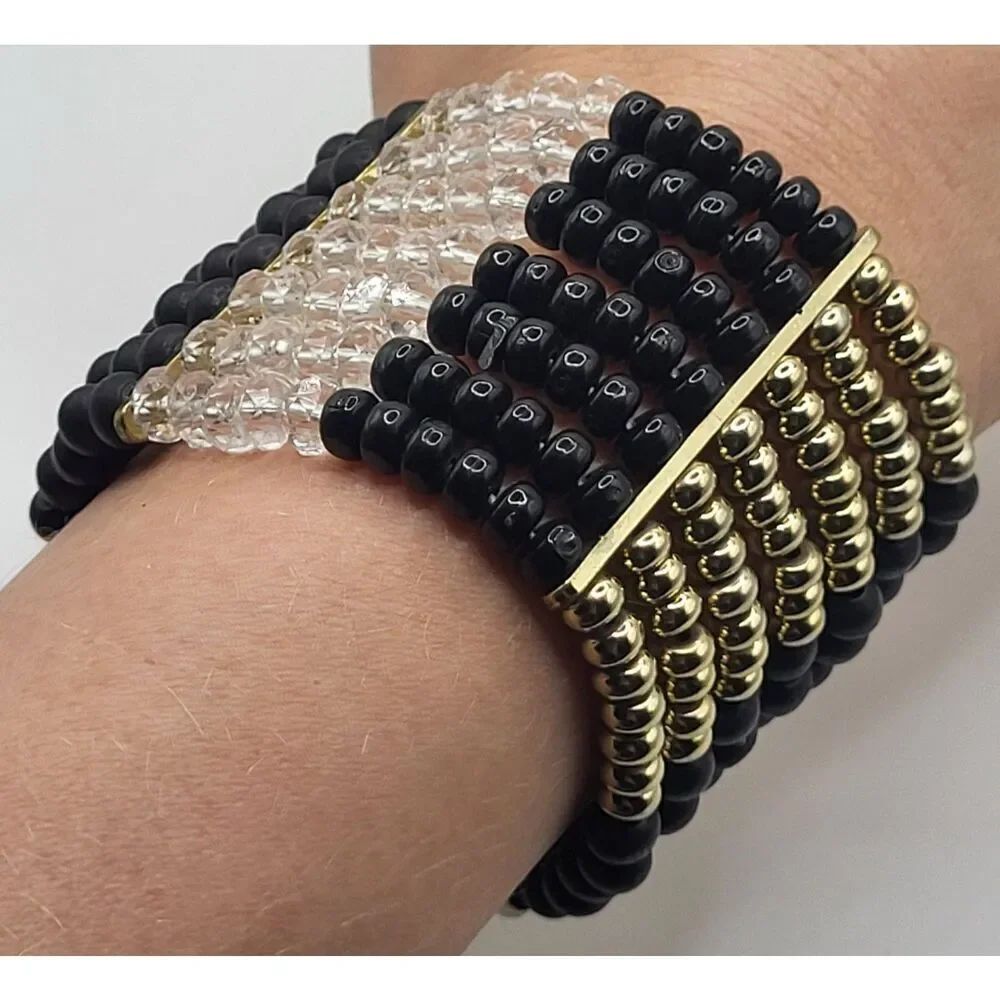Minimalist Black Clear Silver Multilayer Cuff Bangle Bracelet 2.75in wide